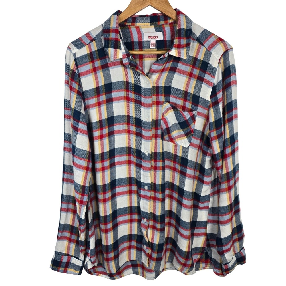 Bongo Womens XL‎ Flannel Shirt Plaid Long Sleeve Button Up Casual Top